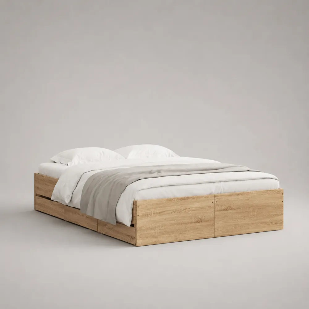 Lit avec rangement 160 x 200 cm chêne clair cadre de lit rectangulaire sans tête de lit panneaux de particules sommier à lattes avec tiroirs intégrés