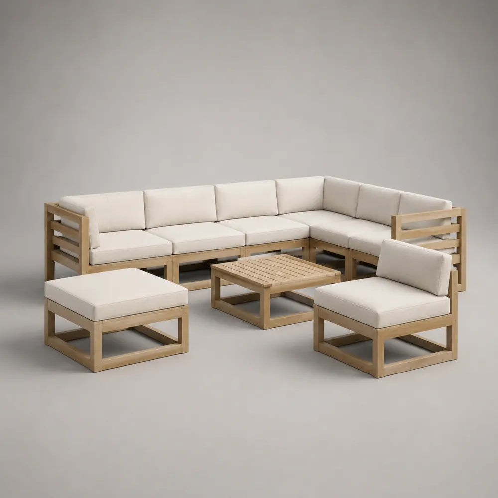 Salon de jardin canapé modulable 5 pièces bois d’acacia massif coussins polyester beige table basse lattes forme rectangulaire 260 x 200 x 75 cm