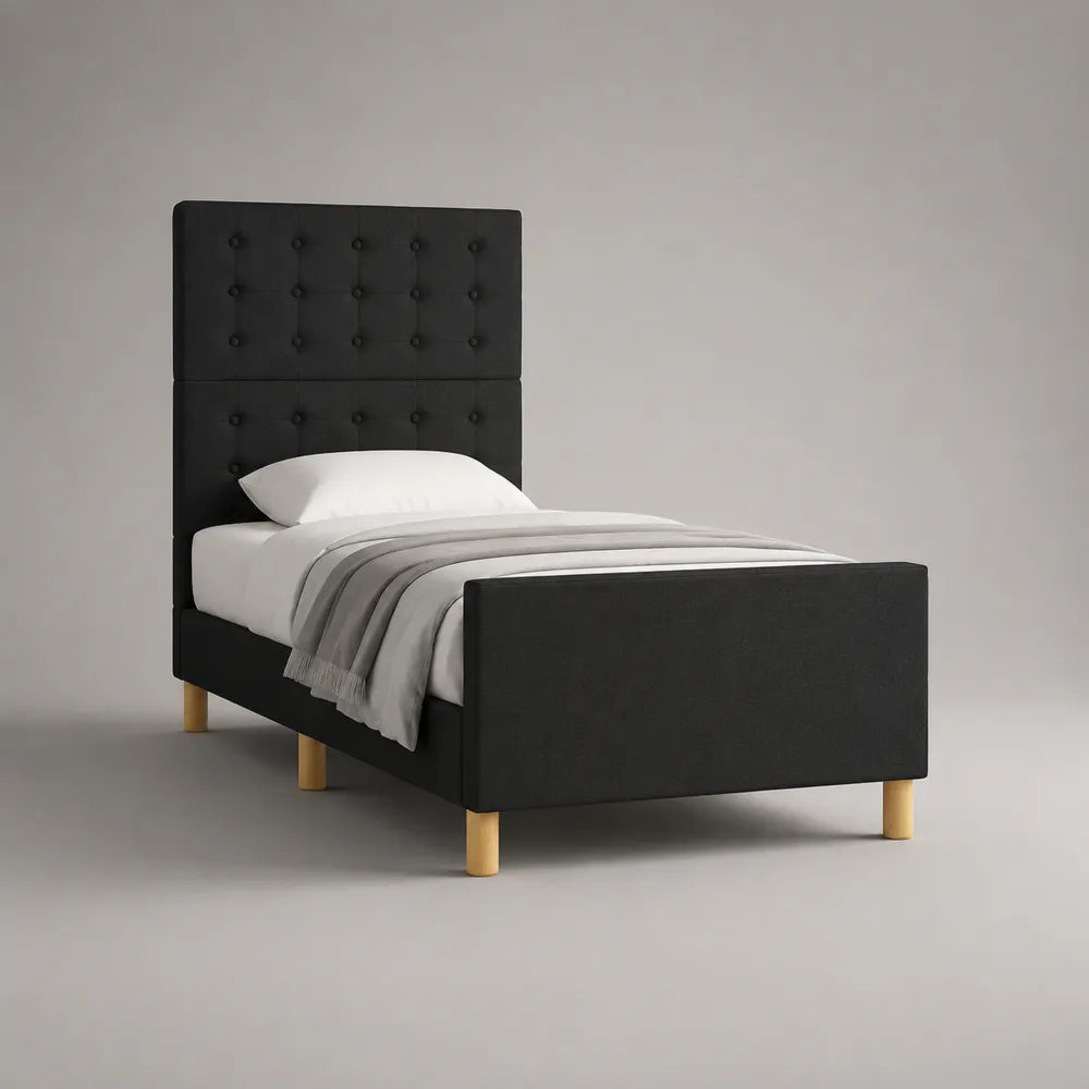 Lit 90 x 200 cm tissu polyester noir tête et pied de lit capitonnés structure bois MDF et contreplaqué pieds bois massif sommier à lattes