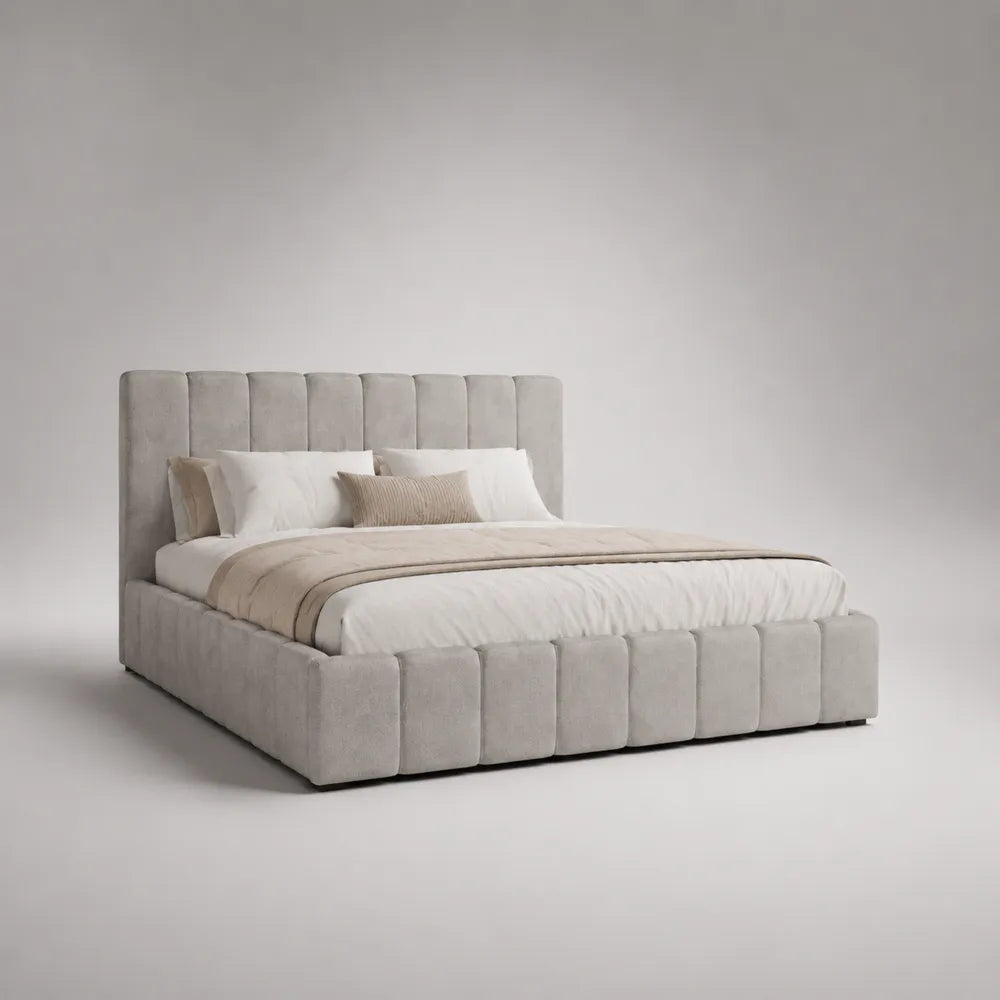 Lit coffre capitonné gris avec sommier relevable et rangement intégré structure bois et MDF