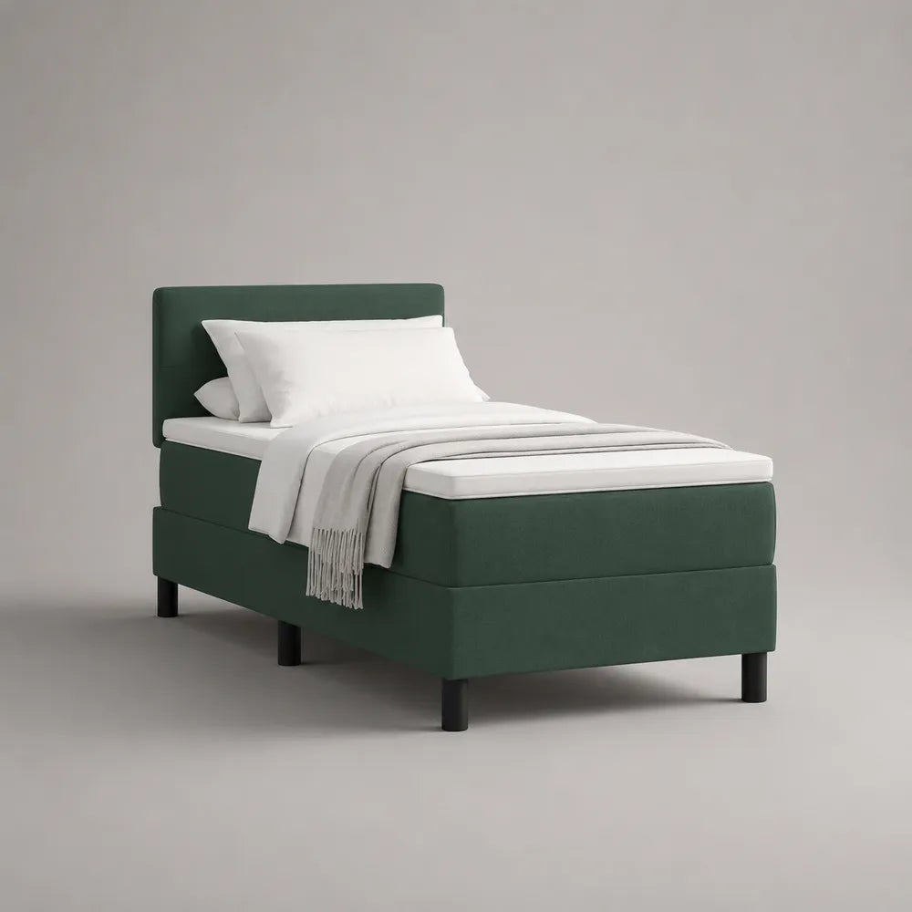 Lit cadre 90 x 200 cm tissu polyester vert tête de lit capitonnée verticale structure bois MDF et pin pieds cylindriques métal noir forme rectangulaire L210 x P100 x H110 cm