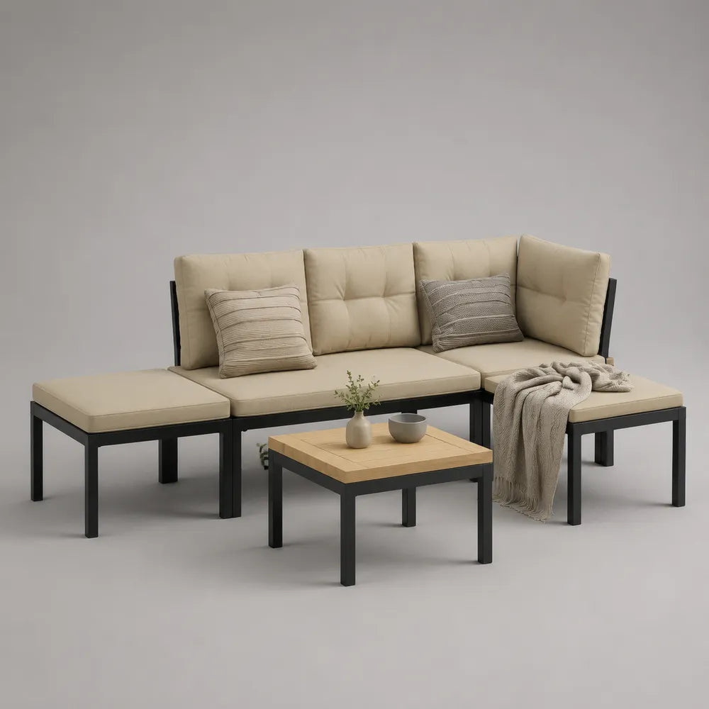 canapé de jardin modulable en L structure métal noir coussins polyester beige table basse plateau bois clair ensemble salon extérieur 250 cm env