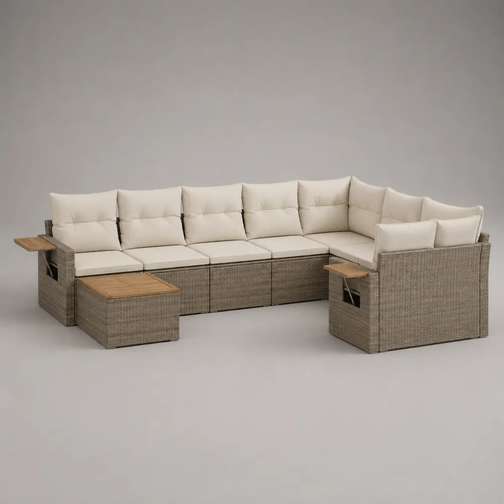 Canapé de jardin d’angle modulable 300 x 220 x 70 cm résine tressée beige coussins polyester ensemble avec table et plateaux bois forme L