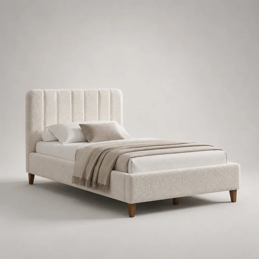 Lit 160 x 200 cm tissu bouclé beige tête de lit à canaux verticaux structure bois et contreplaqué pieds bois massif sommier à lattes