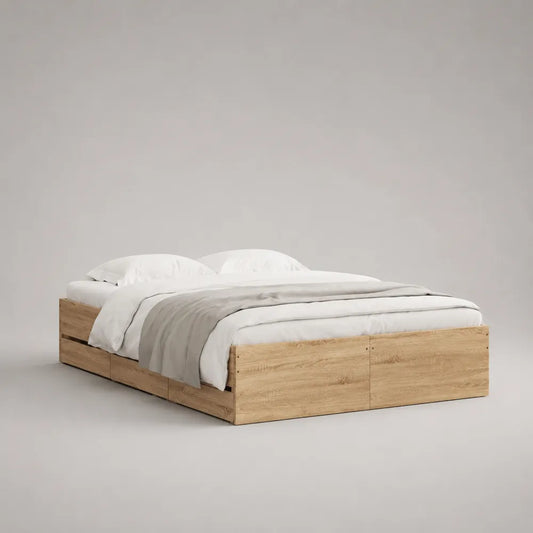 Lit avec rangement 160 x 200 cm chêne clair cadre de lit rectangulaire sans tête de lit panneaux de particules sommier à lattes avec tiroirs intégrés