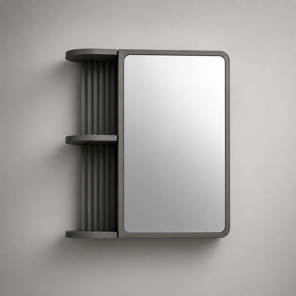 Armoire de toilette murale 90 cm MDF hydrofuge anthracite miroir rectangulaire étagères latérales ouvertes
