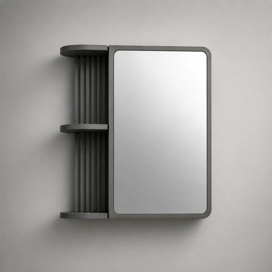 Armoire de toilette murale 90 cm MDF hydrofuge anthracite miroir rectangulaire étagères latérales ouvertes