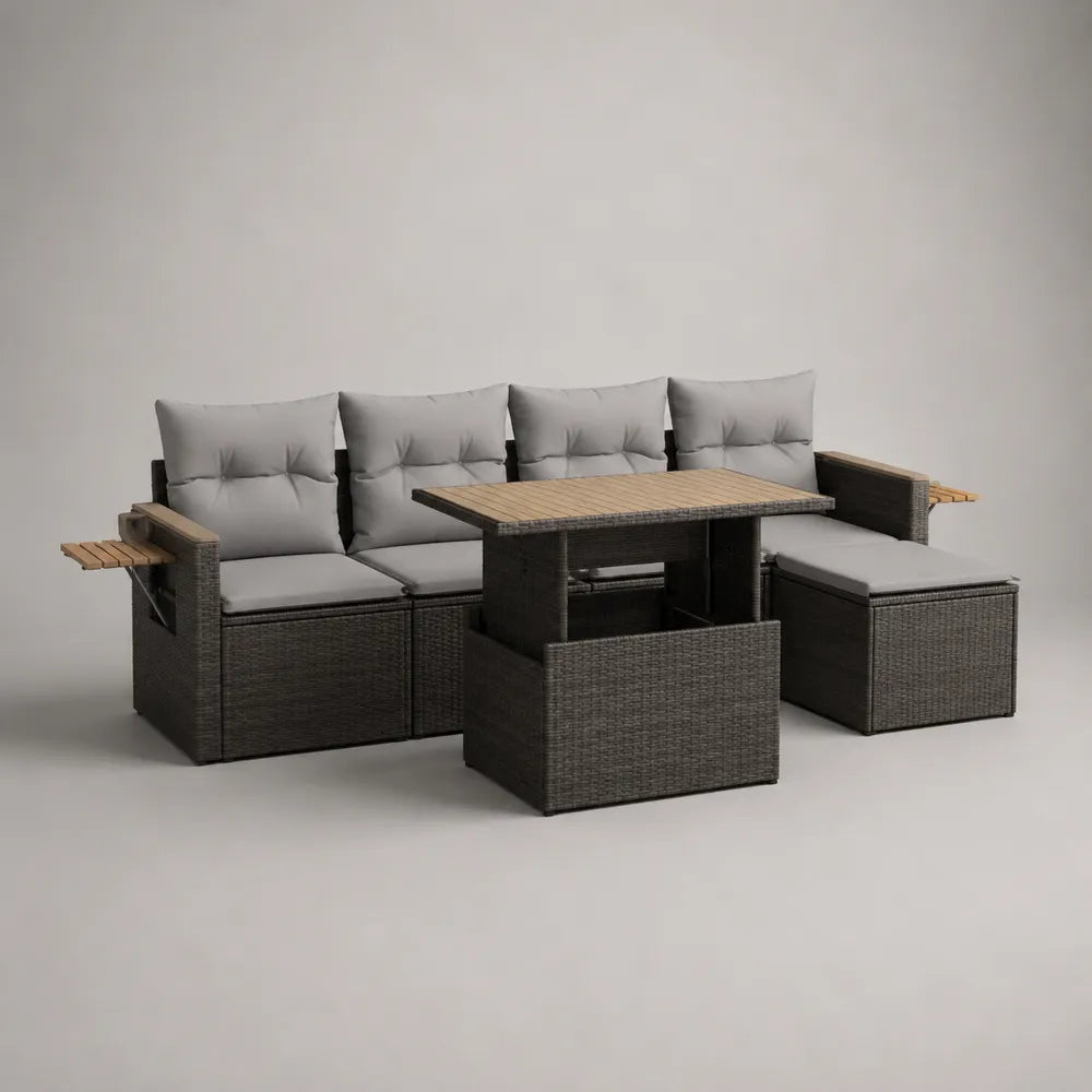 Canapé de jardin d’angle modulable 5 places 260 x 200 x 70 cm résine tressée gris foncé coussins gris table basse bois forme L