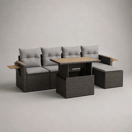 Canapé de jardin d’angle modulable 5 places 260 x 200 x 70 cm résine tressée gris foncé coussins gris table basse bois forme L