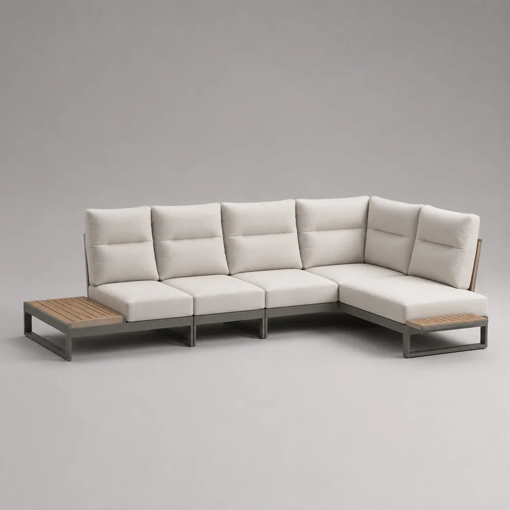 Canapé de jardin d’angle modulable 280 x 220 x 70 cm aluminium thermolaqué coussins polyester beige tablettes bois d’acacia forme L