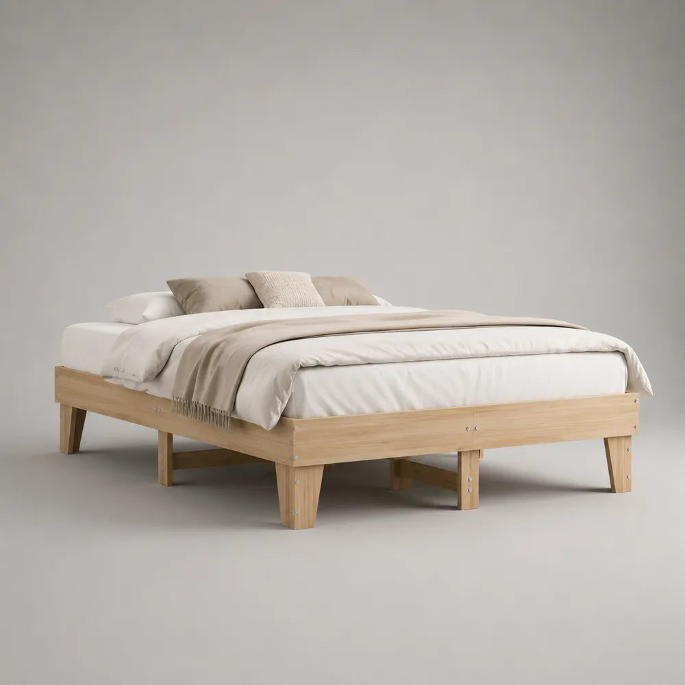 Cadre de lit 160 x 200 cm avec sommier à lattes bois clair structure rectangulaire bois massif pin pieds inclinés sans tête de lit L206 cm P166 cm H38 cm