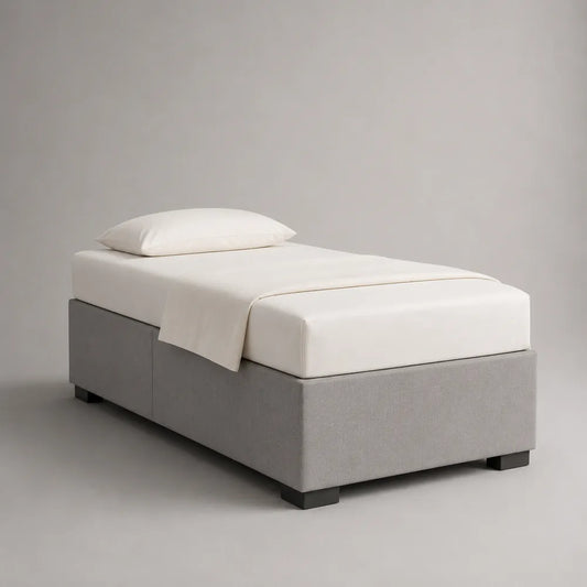 Lit tapissé cadre de lit tissu polyester gris et blanc couchage 90 x 200 cm
