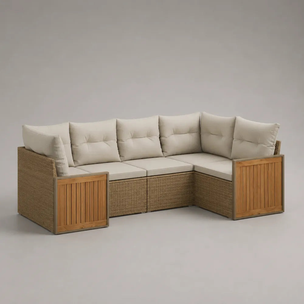 Canapé de jardin d’angle 4 à 5 places en résine tressée PE beige avec coussins écru et accoudoirs en bois forme L
