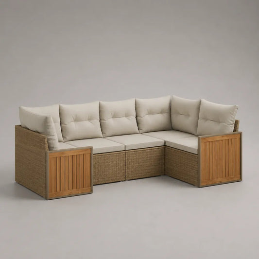 Canapé de jardin d’angle 4 à 5 places en résine tressée PE beige avec coussins écru et accoudoirs en bois forme L