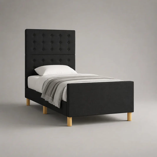Lit 90 x 200 cm tissu polyester noir tête et pied de lit capitonnés structure bois MDF et contreplaqué pieds bois massif sommier à lattes