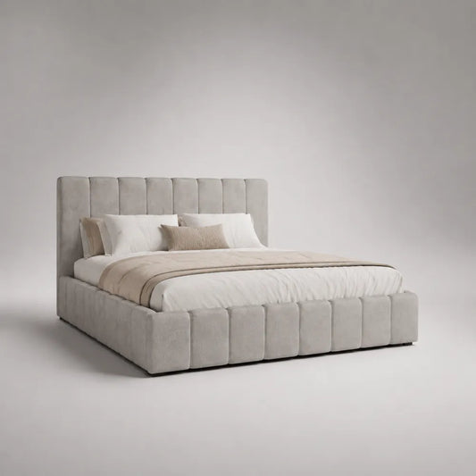 Lit coffre capitonné gris avec sommier relevable et rangement intégré structure bois et MDF