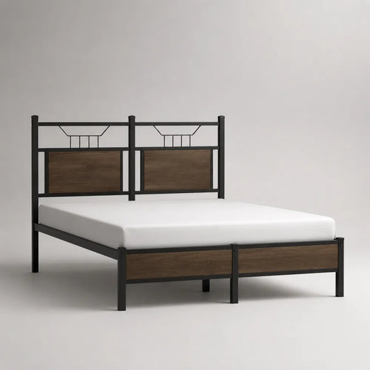 Lit cadre 160 x 200 cm acier noir et bois panneau décoratif tête et pied de lit sommier à lattes structure rectangulaire