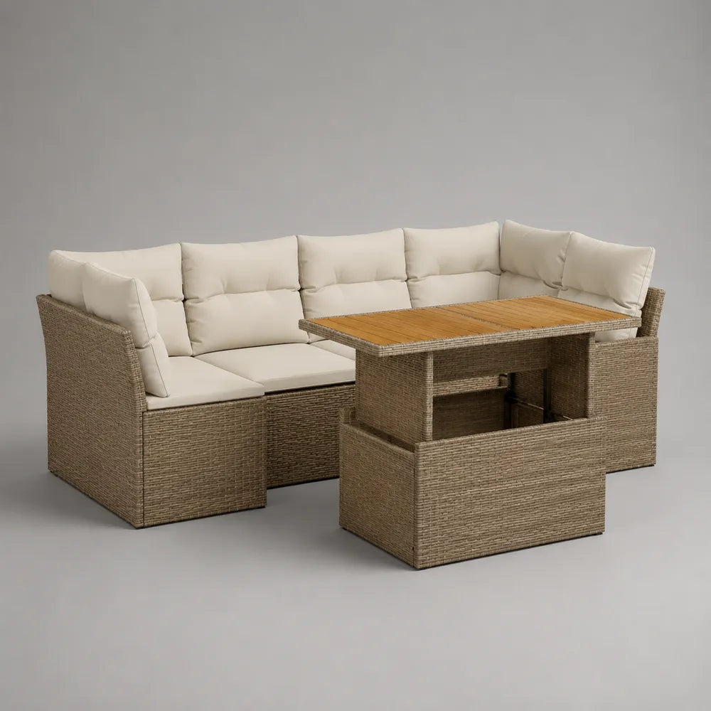 Canapé de jardin d’angle modulable 300 x 220 x 70 cm résine tressée beige coussins écru table intégrée bois forme L avec tablettes