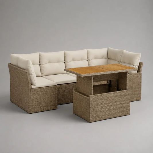 Canapé de jardin d’angle modulable 300 x 220 x 70 cm résine tressée beige coussins écru table intégrée bois forme L avec tablettes