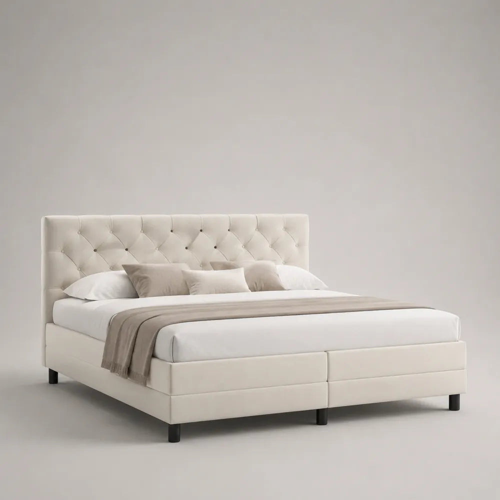 Lit rembourré 160 x 200 cm tissu polyester beige clair tête de lit capitonnée structure rectangulaire pieds cylindriques noirs L212 cm P170 cm H118 cm