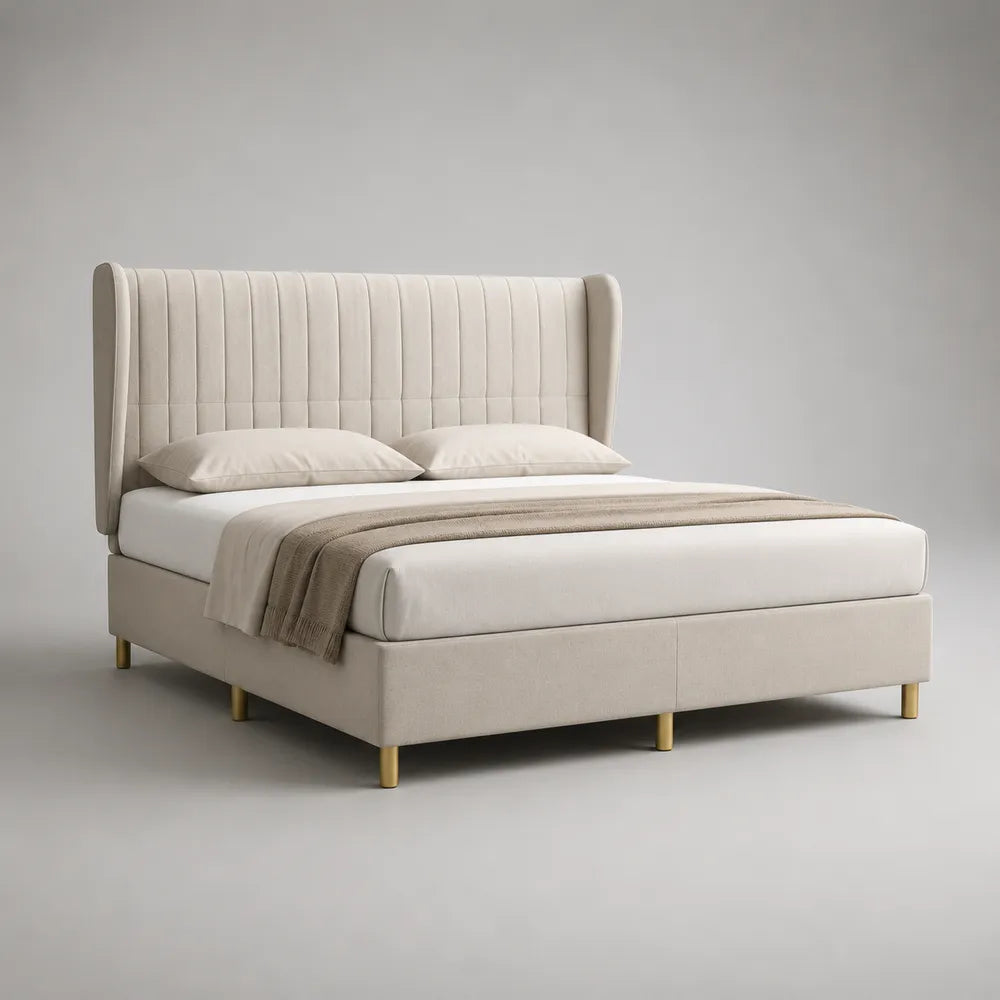 Lit rembourré 160 x 200 cm tissu polyester beige clair tête de lit capitonnée à rainures verticales structure rectangulaire pieds cylindriques dorés L212 x P170 x H110 cm