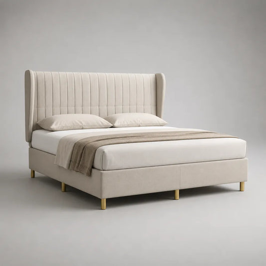 Lit rembourré 160 x 200 cm tissu polyester beige clair tête de lit capitonnée à rainures verticales structure rectangulaire pieds cylindriques dorés L212 x P170 x H110 cm