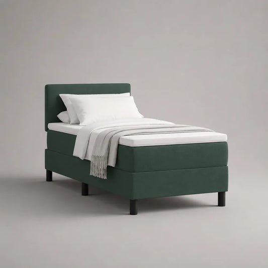 Lit cadre 90 x 200 cm tissu polyester vert tête de lit capitonnée verticale structure bois MDF et pin pieds cylindriques métal noir forme rectangulaire L210 x P100 x H110 cm