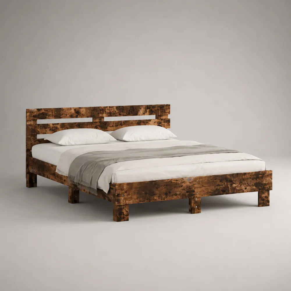 Lit 160 x 200 cm bois massif style rustique cadre rectangulaire tête et pied de lit sommier à lattes couleur bois naturel