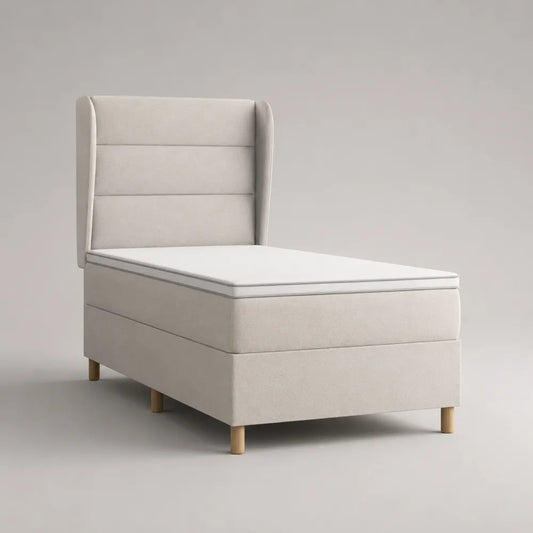 Lit cadre 90 x 200 cm tissu bouclé polyester beige clair tête de lit capitonnée verticale structure bois de pin et MDF forme rectangulaire pieds bois naturel