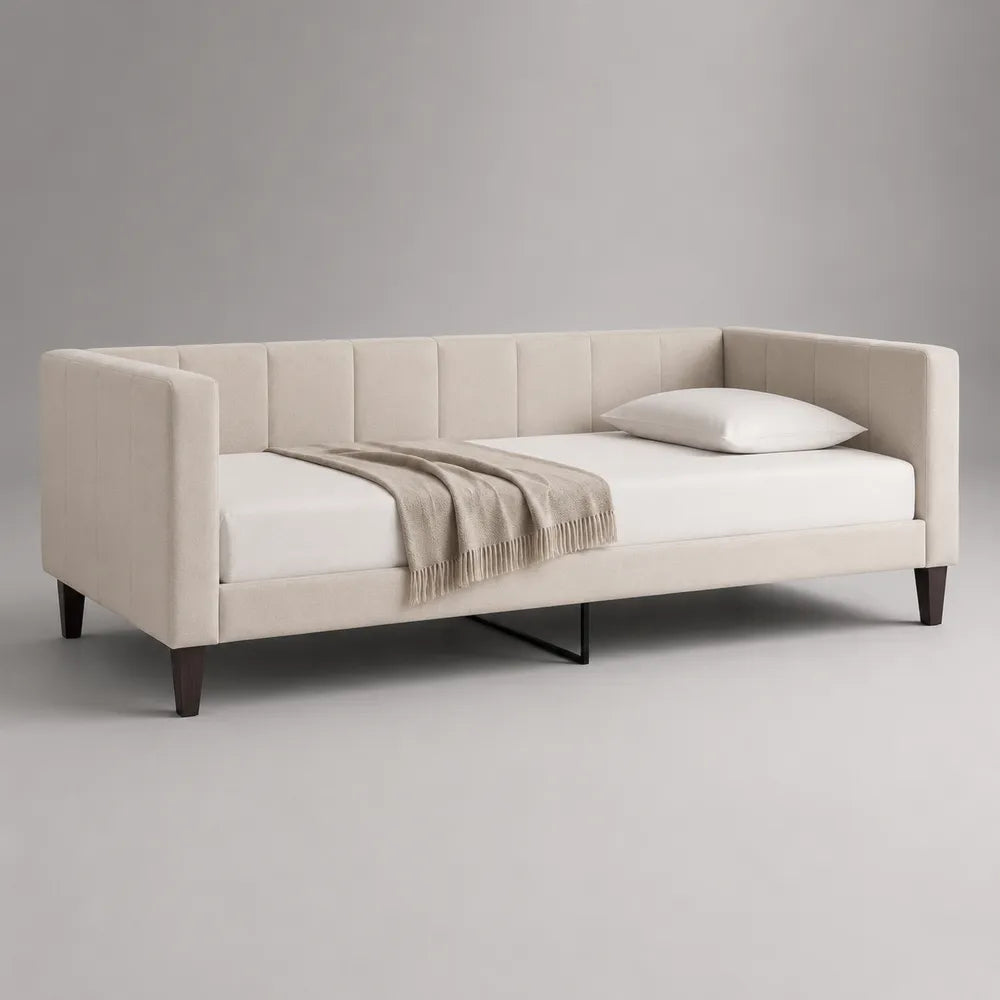 Lit banquette 90 x 200 cm rembourré tissu polyester beige rectangulaire avec dossier et accoudoirs pieds bois foncé