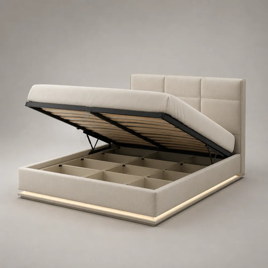 Lit coffre avec rangement 180 cm x 200 cm sommier relevable hydraulique tête de lit capitonnée structure MDF revêtement polyester beige cadre acier