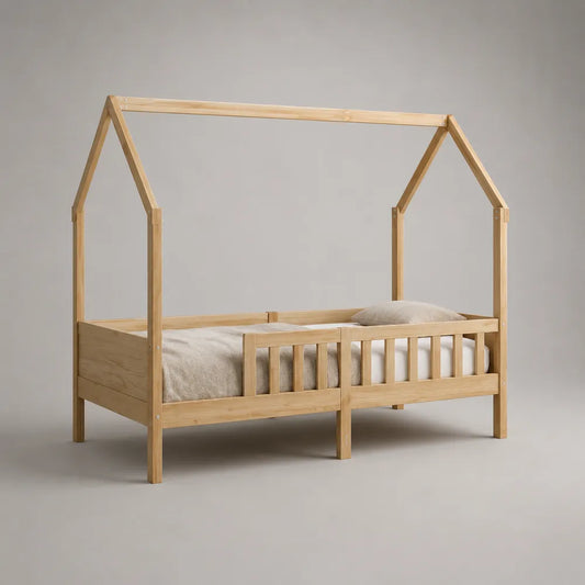Lit cabane 90 x 200 cm en bois massif de pin structure maison avec sommier à lattes cadre rectangulaire couleur bois naturel
