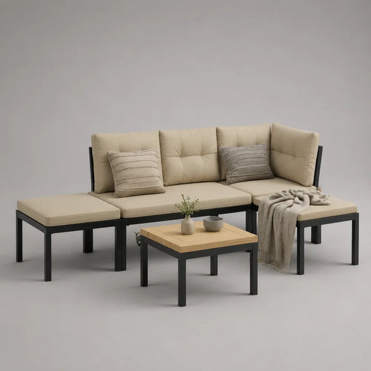 canapé de jardin modulable en L structure métal noir coussins polyester beige table basse plateau bois clair ensemble salon extérieur 250 cm env