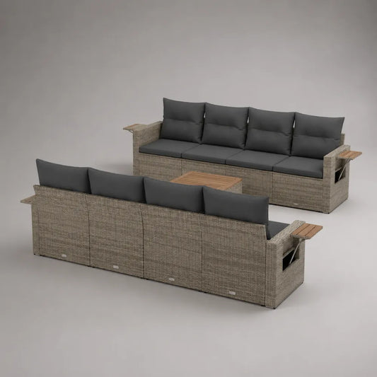 Salon de jardin modulable 6 places 280 cm x 200 cm x 75 cm en résine tressée beige et gris avec table centrale plateau bois forme face à face