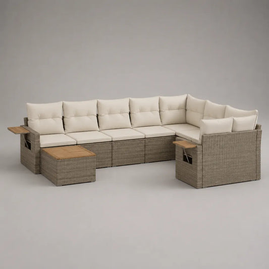 Canapé de jardin d’angle modulable 300 x 220 x 70 cm résine tressée beige coussins polyester ensemble avec table et plateaux bois forme L