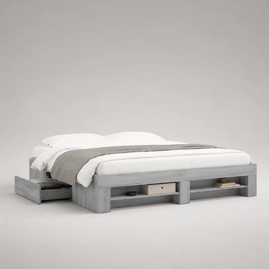 Lit plateforme 160 x 200 cm cadre de lit rectangulaire MDF mélaminé décor bois gris avec tiroirs de rangement et niches intégrées sommier à lattes