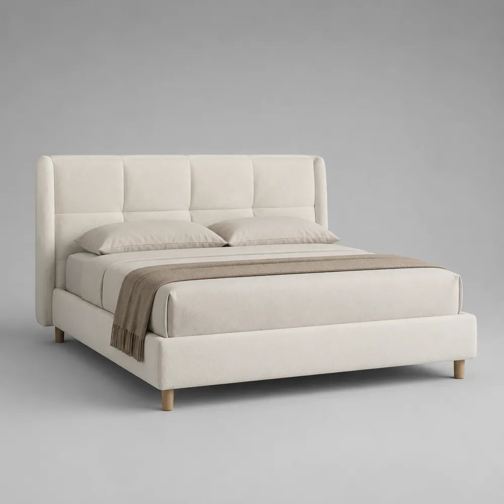 Lit rembourré 160 x 200 cm tissu polyester beige tête de lit capitonnée rectangulaire structure bois pieds cylindriques