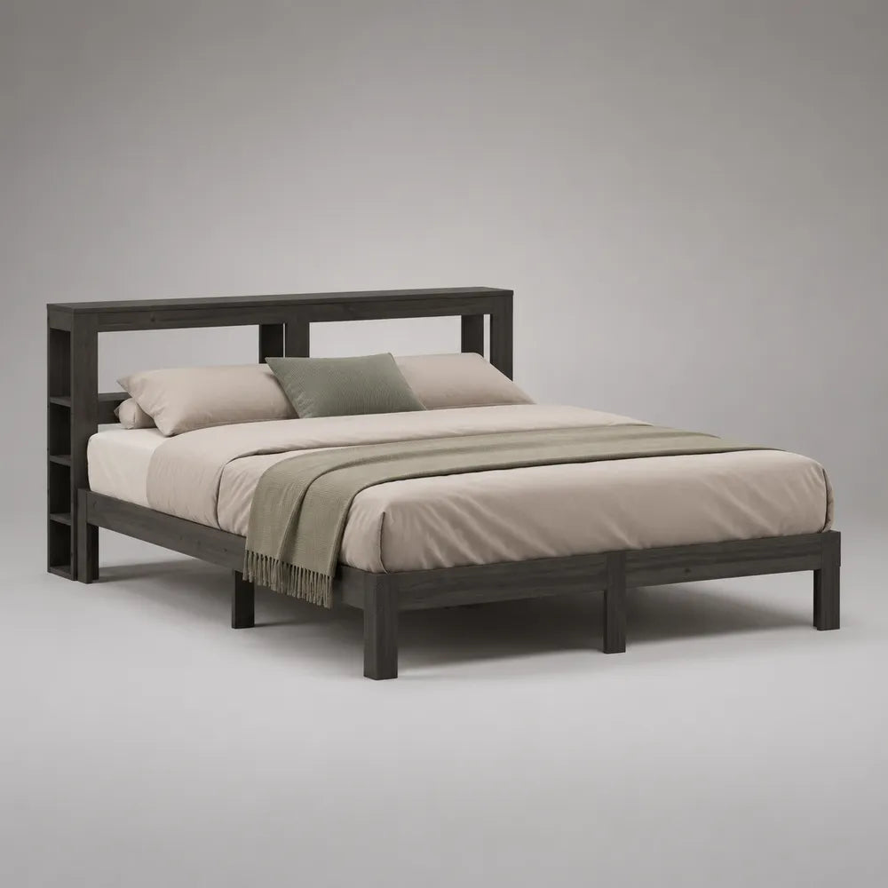 Lit 160 x 200 cm bois massif de pin gris foncé tête de lit à étagères intégrées cadre rectangulaire sommier à lattes lit double